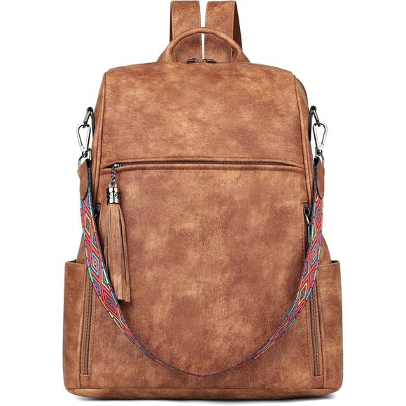 Women's Brown Retro Style Backpack Designer 15.6 inch PU Leather Laptop Bags - Picture 6 of 9